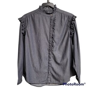 Elan Washed Grey Chambray Long Sleeve Ruffled Button Down Top